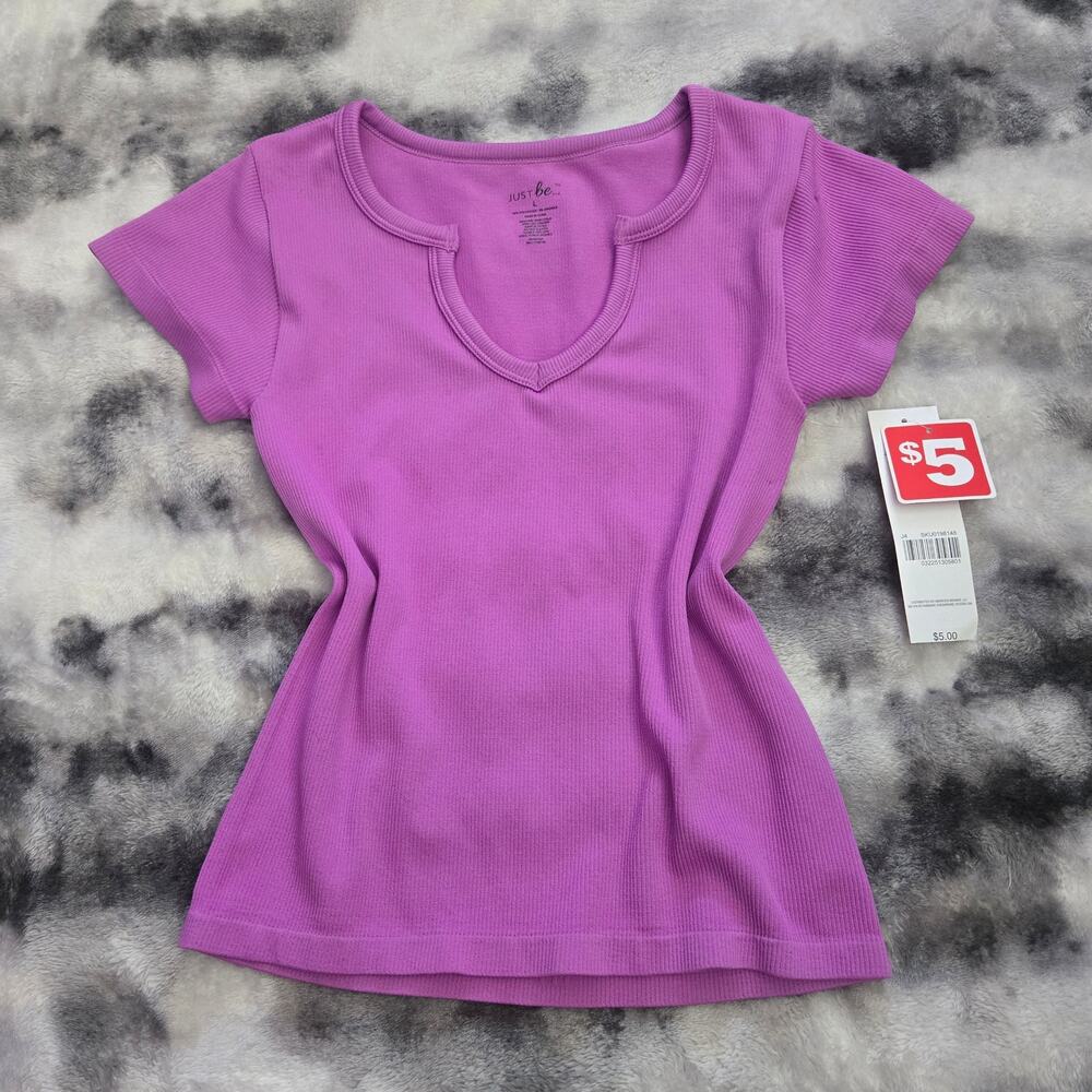 Just Be Ribbed Knit Split Neck Top Large Purple NWT Short Sleeve Tee